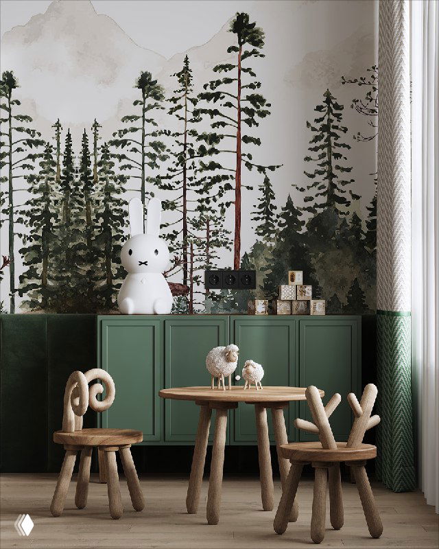 Детская зона с компактным деревянным столиком и стульчиками, низким зелёным шкафом-стеллажом, игрушками и мягкой игрушкой на полке.