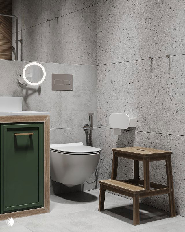 Ракурс маленькой ванной: подвесной унитаз, столик-ступенька, зеркало с подсветкой и сочетание серой керамогранитной плитки с текстурой под дерево на стене.