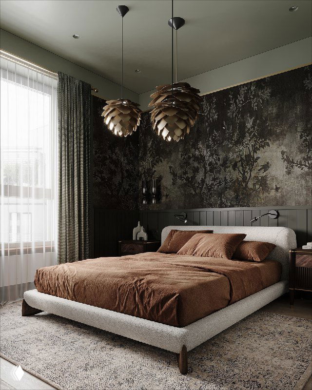 Мастер‑спальня: кровать с коричневым текстилем, фреска с лесным рисунком, вагонка за изголовьем и «шишечная» люстра над кроватью.