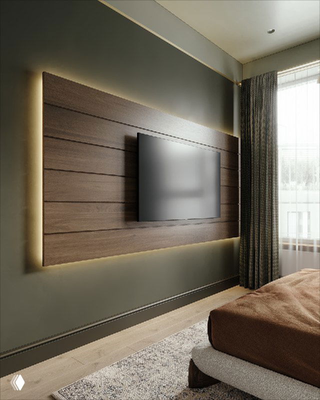 Декоративная деревянная ТВ‑панель со скрытой подсветкой на фоне приглушённой зелёной стены и плотных штор — часть интерьерной композиции.