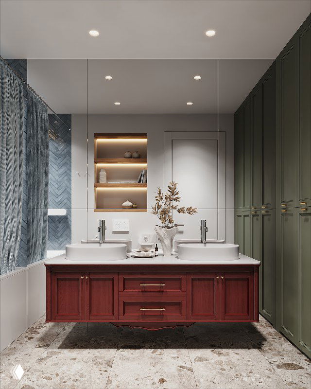 Ванная с зеркальной стеной: подвесная тумба винного цвета с двумя раковинами, подсвеченные полки, шкафы и вид на мраморный пол в интерьере.