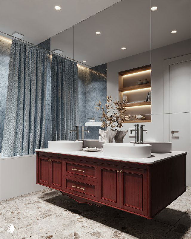 Перспектива ванной комнаты: зеркальная стена отражает шторы, подвесную винную тумбу с двойной раковиной и подсвеченные ниши для аксессуаров.