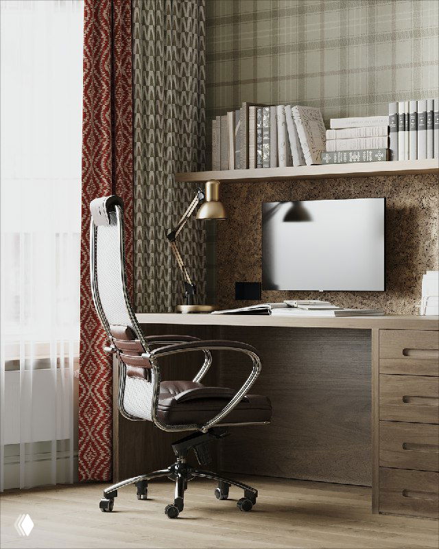 Крупный план рабочего места: эргономичное кресло, монитор на столе, настольная лампа и деревянная столешница.