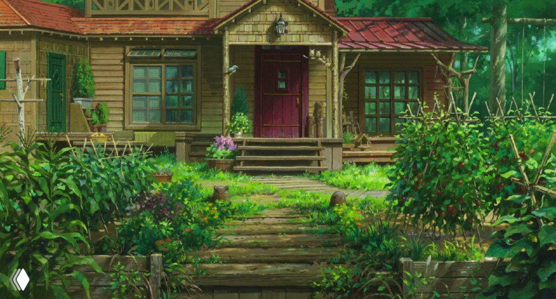 Референс-кадр из мультфильма: деревянный загородный дом в окружении зелени, задающий палитру цветов и атмосферу проекта.