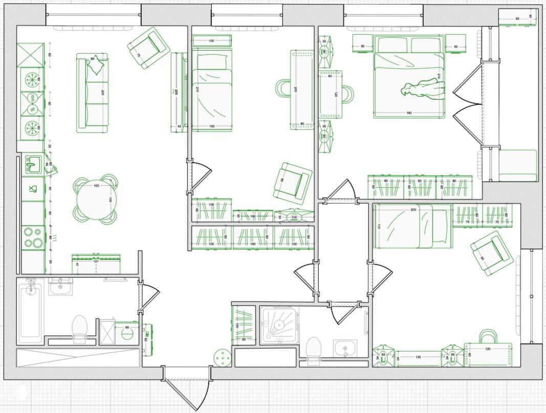 Планировка квартиры в виде технического плана: схема помещений, размещение мебели и размеры для проектного решения.