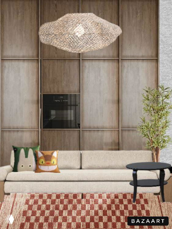 Коллаж гостиной с диваном и декоративными подушками в форме персонажей, добавляющими юмор и сказочную ноту в интерьер.