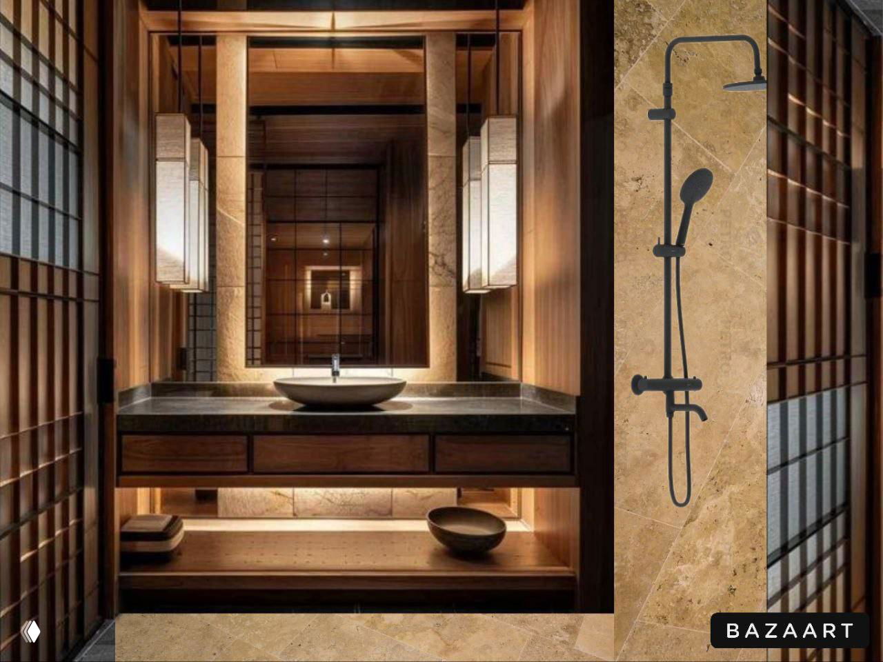 Ванная в тёплых тонах и японском стиле: минималистичная раковина, деревянные элементы и мягкое освещение в духе ваби‑саби.