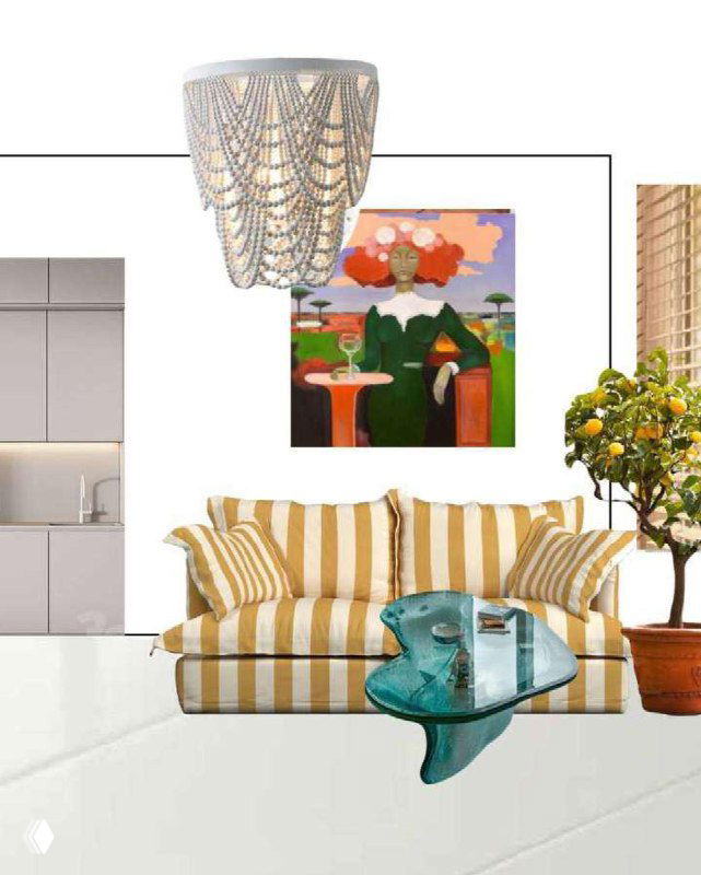 Коллаж гостиной в проекте «Итальянские лимоны»: полосатый диван, стеклянный стол и лимонное дерево у стены, декоративные акценты и референс пляжа.