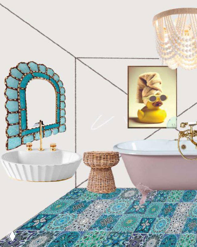 Ванная комната в проекте: пастельная ванна, бирюзовая раковина с фигурным зеркалом, яркий узорчатый ковер и неожиданный акцент — картина с дерзкой уточкой на стене.