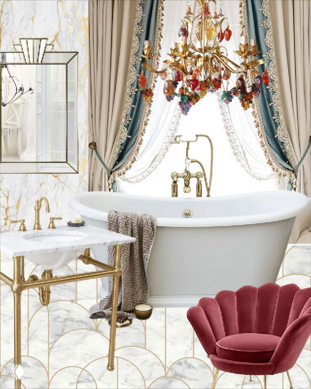 Роскошная ванная в стиле ар‑деко с мраморной отделкой, золотой фурнитурой, хрустальной люстрой и бархатным креслом‑ракушкой — визуал проекта.