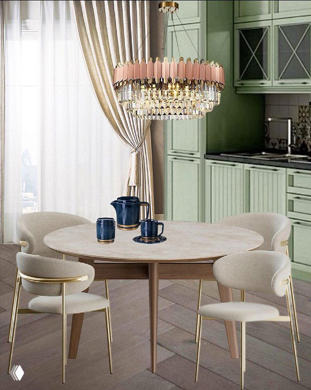 Столовая зона рядом с кухней пастельно‑зеленого оттенка: круглый стол, мягкие стулья и каскадная люстра — вариант обеденной группы проекта.
