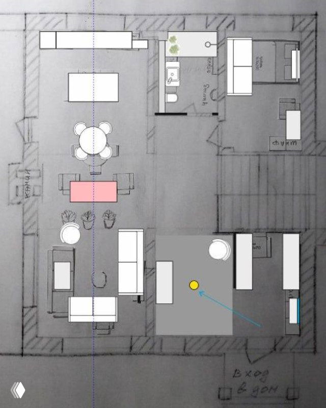 План расстановки мебели в квартире: монохромный план с подсветкой зон, обозначением мебели и потоков движения, рабочая схема перепланировки.