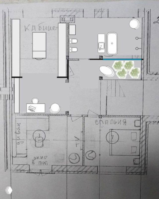 Наброски и эскизы планировок от руки: варианты зонирования, расположение сантехники и мебели для дальнейшей детальной проработки проекта.