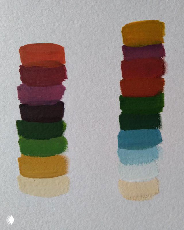 Пробные мазки краски на бумаге — подбор текстур и оттенков: образцы тёплых и холодных тонов, подготовка к визуализации материалов.