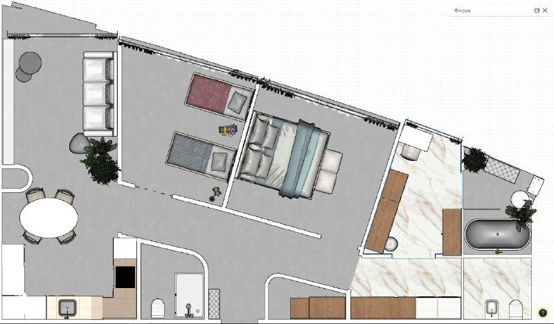 Цветной план квартиры в виде топ-дауна: планировка с расстановкой мебели и зонированием спальной и гостиной зон в проекте Веры.