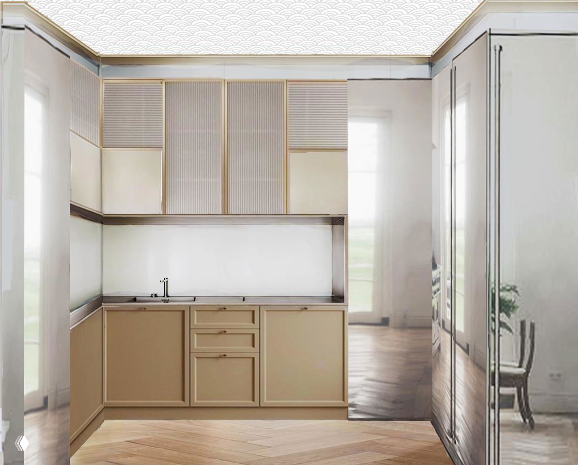 Визуализация кухни с бежевыми фасадами, лаконичным фартуком и отражающими поверхностями: минималистичный интерьер с мягкой цветовой палитрой и японскими мотивами.
