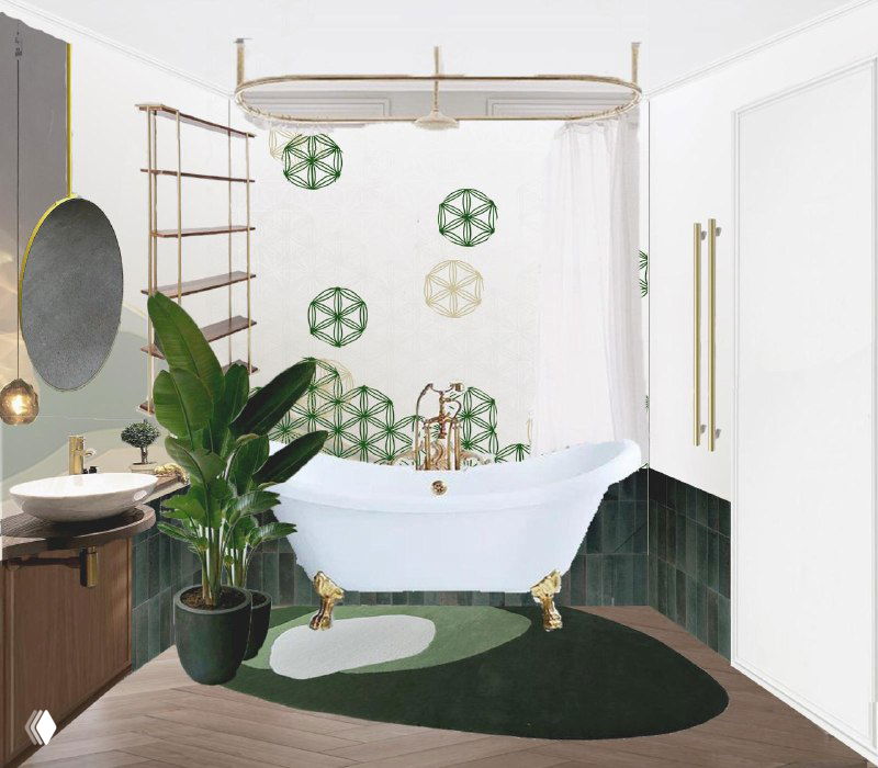 Визуализация ванной комнаты: отдельная чугунная ванна в классическом стиле, зелёные плиточные акценты и растения, создающие уютную, органичную атмосферу.