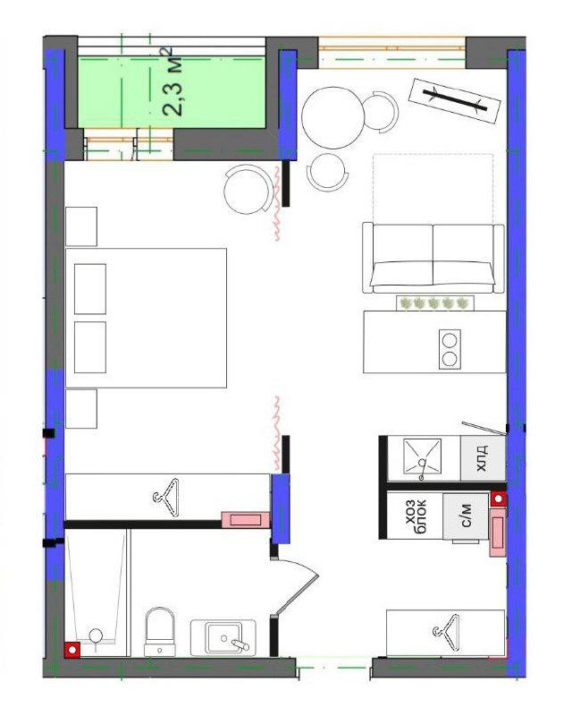 Вертикальный план квартиры в масштабе: схема с выделенными комнатами и зонами — кухня, спальня, санузел и гардероб, видны размеры и планировочные решения.
