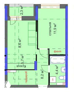 Фрагмент плана с размерами: показаны спальня 11.9 м², зона кухни-гостиной 8.6 м² и санузел 4.4 м²; отмечена раздвижная перегородка и технические решения.