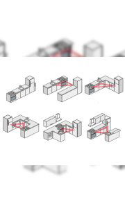 Схематические черно-белые аксонометрические рисунки кухонных модулей и планировок с красными акцентами на зонах и связях, варианты расстановки мебели.