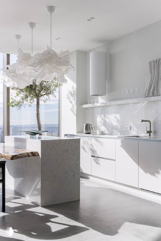 Угол белой кухни с встроенной техникой, островом и карагачовой столешницей; олива у окна отбрасывает тени и подчёркивает фактуру поверхностей.