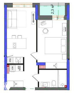Чёрно-белый план квартиры 38 м² в виде схемы: вид сверху с обозначением зон — кухня, гостиная, спальня, санузел и коридор с указанием размеров и размещения мебели.