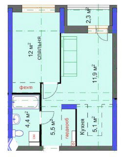 Планировка с цветовой заливкой и подписями: спальня 12,2 м², гостиная-кухня 11,9 м², прихожая с гардеробом 5,5 м² — показаны решения для хранения и зонирования.