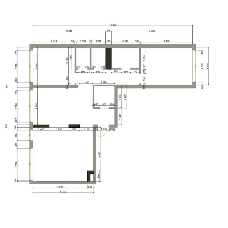Чёрно‑белый план квартиры с указанием размеров, стен и перегородок; исходная планировка «до» перепланировки без расстановки мебели.