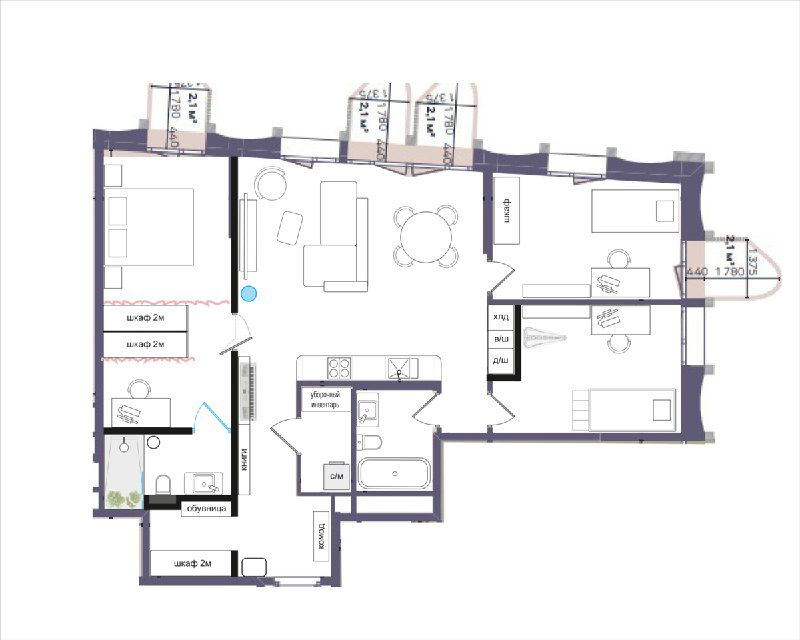 План квартиры в ЖК Союз — вид сверху с расстановкой мебели и указанием зон: прихожая, кухня, детские и пространство для инструментов.