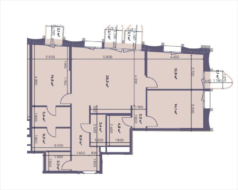 Архитектурный план с размерами помещения трёхкомнатной квартиры в Москве для семьи музыкантов с местами для хранения инструментов.