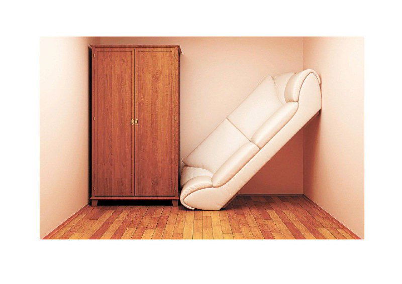 Юмористическое изображение: шкаф и диван, поставленные в неудобном углу комнаты как пример ошибочной расстановки мебели и планировки