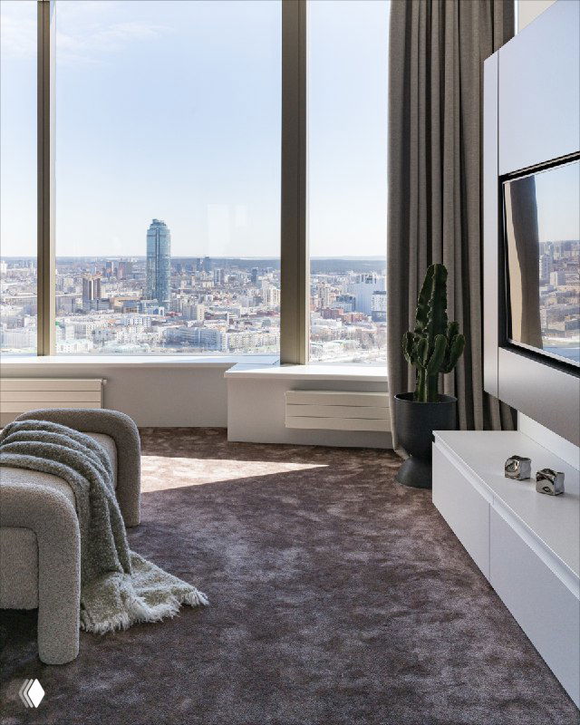 Панорамное окно и городской вид из спальни, мягкое ковровое покрытие «Мираж», низкая тумба под ТВ и текстуры в нюансах бежевого и серого.