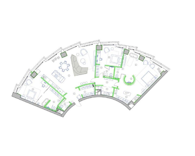 Планировка 4-комнатных апартаментов 230 кв.м в Башне Исеть, вид в плане с радиусной перегородкой, кухней у панорамного окна и общей логикой зон