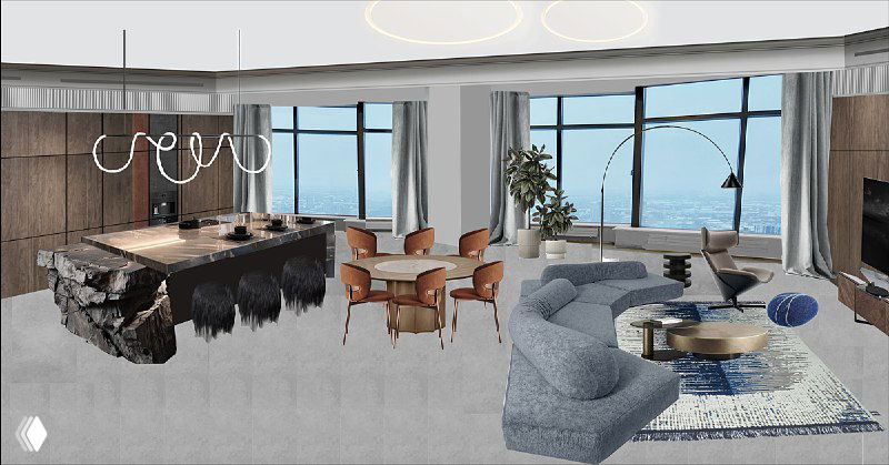 Гостиная с панорамными окнами: тёмные оттенки, медные акценты, контрастные текстуры и оригинальная мебель в роскошном оформлении интерьера.