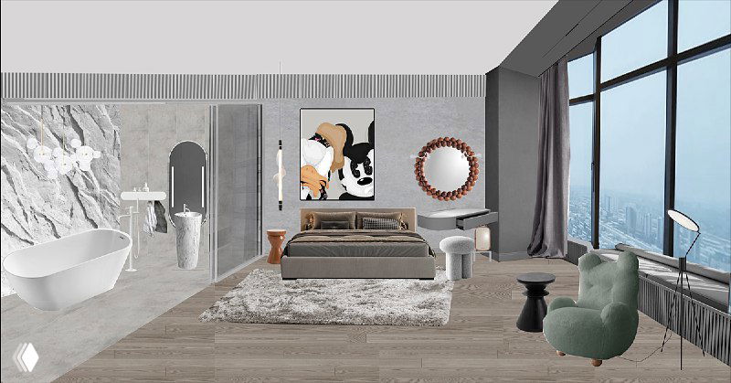 Комната с каменной перегородкой и мягкой мебелью: светлые тона, мраморные акценты и уютные ковры в авторской композиции дизайнера.