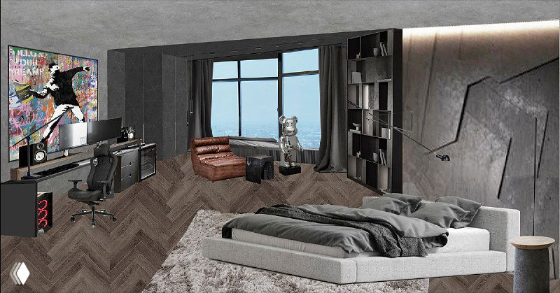 Рабочая и зона отдыха с тёмной акцентной стеной, встроенными полками и современной мягкой мебелью — сочетание текстур и функциональных решений.