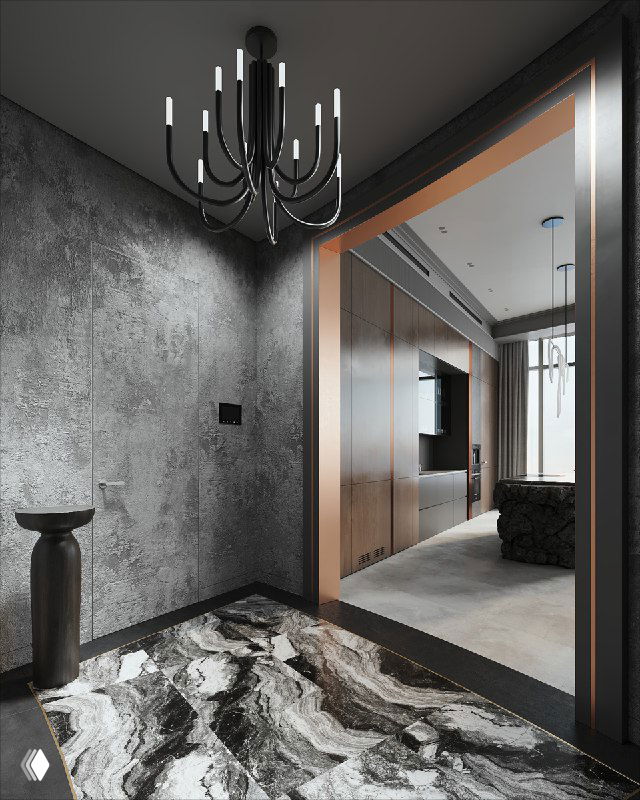 Вид из прихожей через облицованный медью проём в кухню-гостиную; МДФ наличники, напольная плитка и фактурные серые стены создают цельный интерьер.