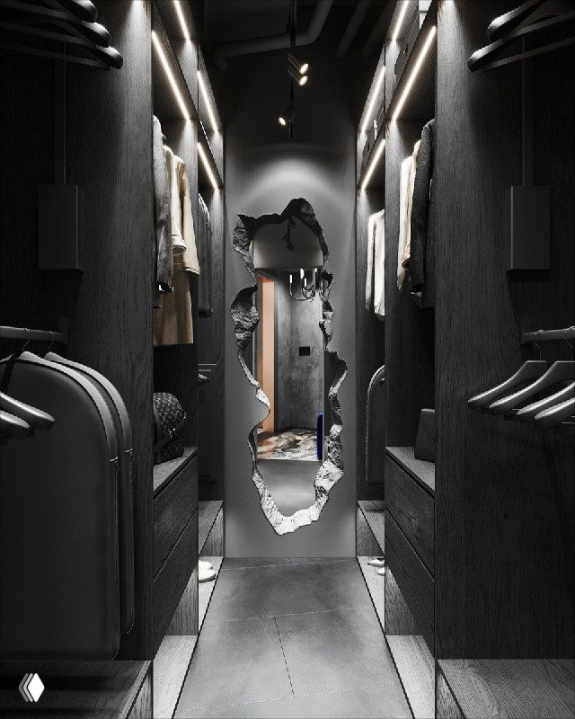 Тёмная узкая гардеробная с аморфным зеркалом, мерцающей подсветкой полок и спотами на потолке — эффект подземного озера.