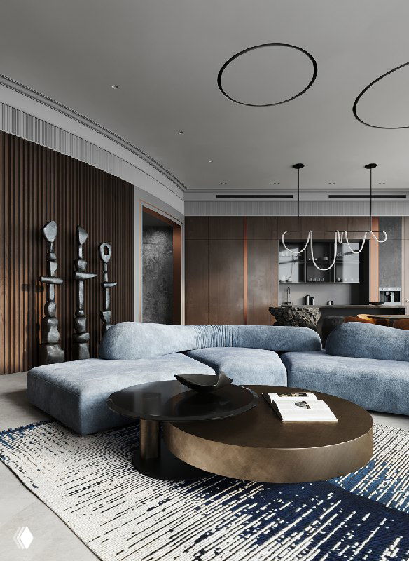 Общий вид гостиной с модульным нежно‑голубым диваном Edra, низким круглым столом, потолочными кольцами и рейковой стеной в проекте на 46 этаже.