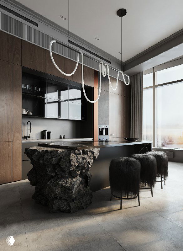Современная кухня с монументальным островом и подстольем в форме скалы, деревянные раздвижные фасады и панорамное окно с видом на город.