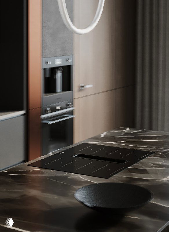 Крупный план рабочей поверхности острова: варочная панель, фактурный камень столешницы и элементы декора на фоне деревянных фасадов.