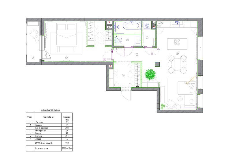 Чертёж планировки квартиры с мебелью и зонированием: кухня-гостиная с островом, спальня с гардеробной, ванная с душем и ванной, место для собак и хозяйственные зоны.