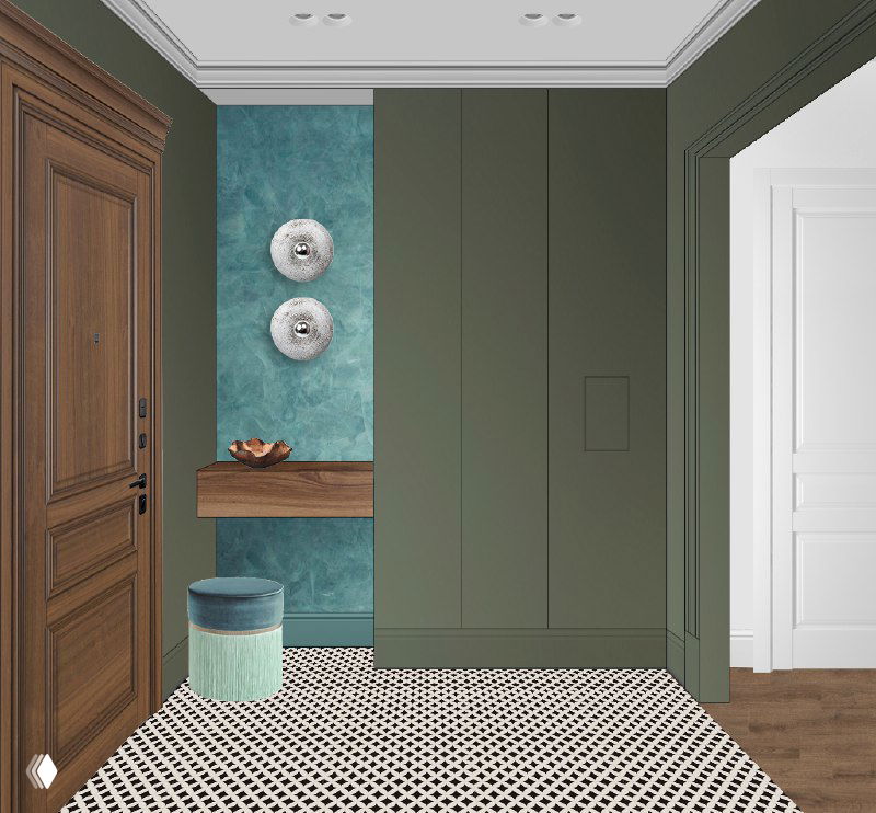 Визуализация прихожей: зелёные и бирюзовые стены, зеркальный шкаф, неглубокий зелёный шкаф для обуви, пуф и дизайнерские бра от Полины Артамоновой.