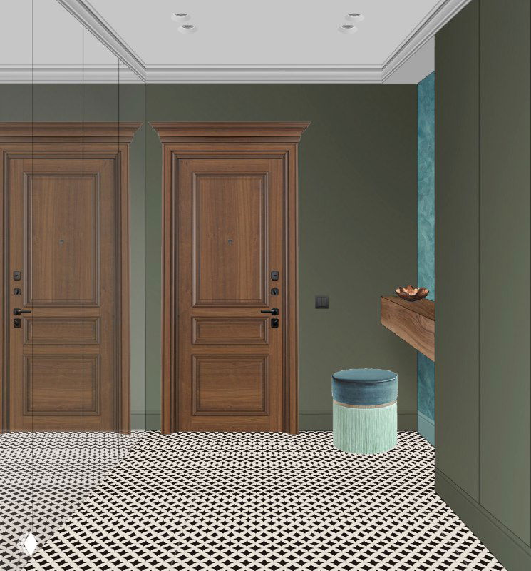 Другой ракурс прихожей: парные деревянные входные двери, отражение в зеркале, бирюзовая ниша, пуф и декоративный узор на полу в интерьере.