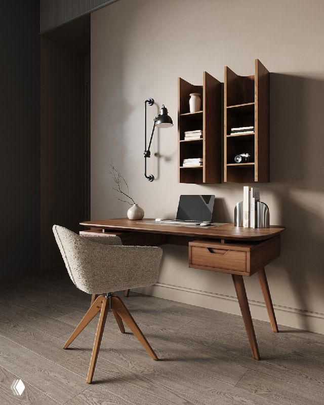 Рабочая зона в нейтральной палитре: деревянный письменный стол, стул, настенные шкафчики и настенный светильник — компактная и функциональная композиция.
