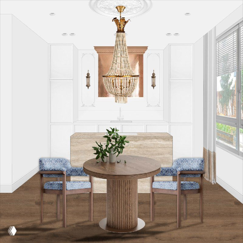 Коллаж интерьера кухни: круглый обеденный стол на переднем плане, мраморный остров в центре, роскошная люстра и медные акценты в оформлении.