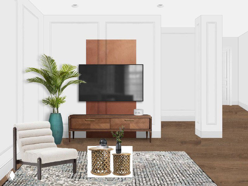 Фото гостиной: ТВ-зона с декоративной деревянной панелью и тумбой Dantone, два низких журнальных столика, одно кресло и зелёное растение у стены.