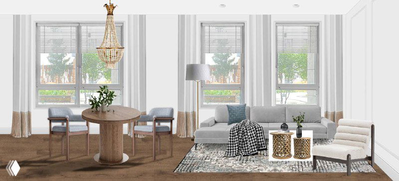 Общий вид гостиной с окнами: римские шторы и декоративные портьеры, ковер, нейтральная мягкая зона и обеденная группа в светлой гамме.