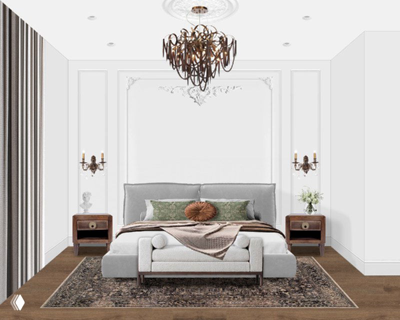 Светлая лаконичная спальня с кроватью, прикроватными тумбочками из массива, декоративным ковром и крупной подвесной люстрой в центре комнаты.