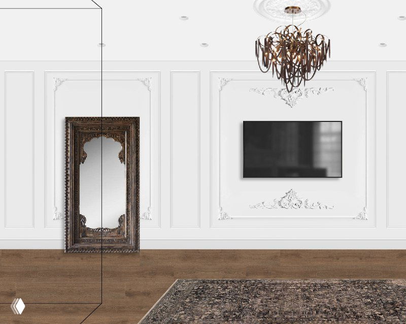 Стена за кроватью с ажурной лепниной, итальянскими бра Lucia Tucci и большое резное зеркало в декоративной массивной раме.